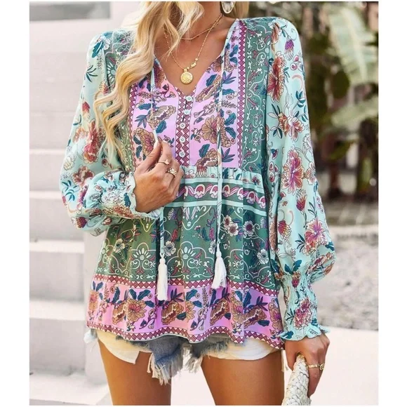 01 Boho Floral Print Cottagecore Blouse - Picture 3 of 5